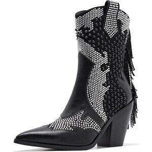 ✨ Becknad Cowgirl Boots Women Black Polyurethane (PU) Chunky Rhinestone Boots